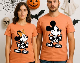Skeleton Couple Halloween Shirt Set, Matching Mickey And Minnie Costume Shirt, Spooky Skeleton Disney Shirt For Couples, Mickey Minnie Shirt