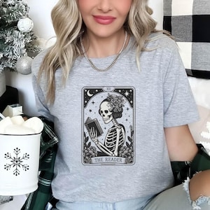 The Reader Tarot Card Shirt, Skeleton Reading Shirt, Reading Shirt, Tarot Card Shirt, Book Lover Gift, Bookish Gift, Gift for Tarot Lovers