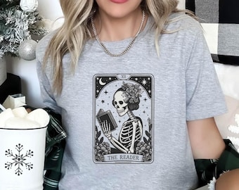 The Reader Tarot Card Shirt, Skeleton Reading Shirt, Reading Shirt, Tarot Card Shirt, Book Lover Gift, Bookish Gift, Gift for Tarot Lovers