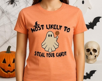 Most Likely To Steal Your Candy Halloween Shirt, Funny Ghost Graphic, Cute Trick Or Treat Top, Custom Spooky Fall Shirt For Kids Or Adults