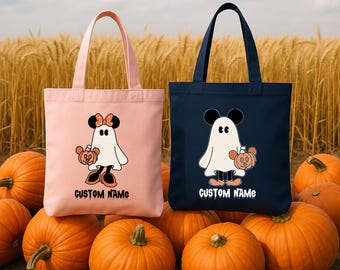 Personalized Halloween Tote Bag, Ghost Character Trick or Treat Bag, Custom Name Pumpkin Bag, Kids Halloween Candy Bag, Mickey Minnie Tote