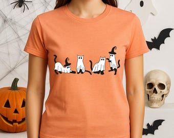 Ghost Cats Halloween Shirt Cute Witch Cat Costume Shirt Spooky Fall Shirt For Cat Lovers Funny Minimal Ghost Cat Tee
