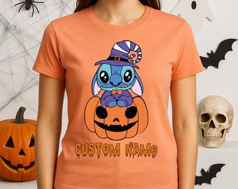 Cute Stitch Halloween Shirt With Pumpkin And Witch Hat Design, Personalized Disney Inspired Halloween T-Shirt Custom Name
