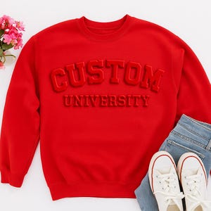 Aangepaste universiteitssweater met opvallende tekst in reliëf op borst en mouw, gepersonaliseerd uniseks cadeau voor mannen of vrouwen, hoodie met verhoogde tekst