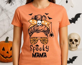 Spooky Mama Halloween Shirt, Funny Mom Skeleton Shirt, Spider Web Glasses Top, Skull Bandana Halloween Shirt For Women