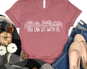 Faith shirt with ‘You Can Sit With Us’ Last Supper design – Christian minimalist Jesus line art t-shirt, inclusive gospel message, christ