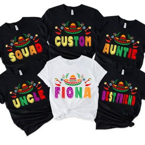 Camiseta con nombre personalizado, camiseta del Cinco de Mayo, camiseta a juego, camiseta de fiesta mexicana, camiseta de escuadrón, camiseta de chile picante mexicano, camiseta de sombrero