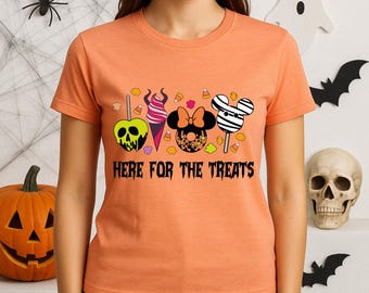 Here For The Treats Halloween Shirt With Disney Candy Mouse Ears, Cute Trick Or Treat Top, Halloween Shirt For Candy Lovers, Mickey Tshirt