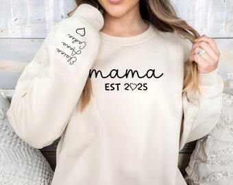 Sudadera personalizada "Mamá Est. 2026" con el nombre de los niños en la manga, sudadera personalizada para mamá, sudadera con capucha personalizada para mamá, sudadera con capucha para mamá moderna, sudadera con capucha para mamá primeriza