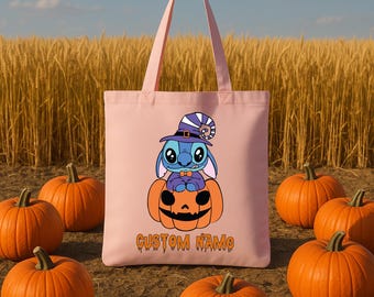 Stitch Halloween Tote Bag, Custom Name Trick or Treat Bag, Cute Pumpkin Witch Bag, Personalized Halloween Tote for Kids 2025, Disney ToteBag