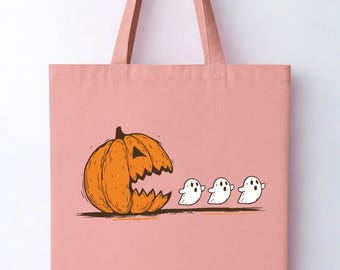 Halloween Pumpkin Eat Ghost Bag, Funny Halloween Tote Bag, Halloween Gamer Halloween Party Gift, Pumpkin Pac Man Spooky Ghost Tote Bag