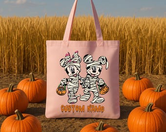 Mummy Mickey Minnie Mouse Halloween Tote Bag, Personalized Trick or Treat Bag, Custom Halloween Candy Bag, Kids Halloween Tote With Name