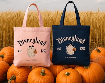 Spooky Disneyland Ghost Tote Bag – Est 1955 Halloween Canvas Bag with Mickey Ghost and Pumpkin, Vintage California Design