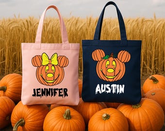 Custom Halloween Pumpkin Mickey Minnie Tote Bag With Name, Personalized Trick Or Treat Bag For Kids Fall Disney Themed Candy Bag