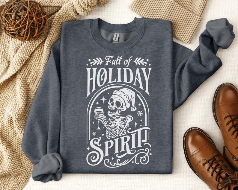 Holiday Spirit Skeleton Sweatshirt, Skeleton Christmas Shirt, Christmas Crewneck, Holiday Sweater, New Year Shirt, Christmas Lights Shirt image 2