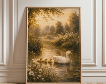 Vintage Duck Poster, Farmhouse Decor, Cottagecore Landscape, French Country Style, Nature Lover Gift