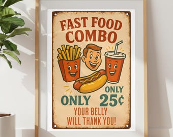 Vintage Fast Food Poster Wall Art, Retro Diner Decor, Funny Food Illustration Print, Pizza Hot Dog Fries Kitchen Wall Art