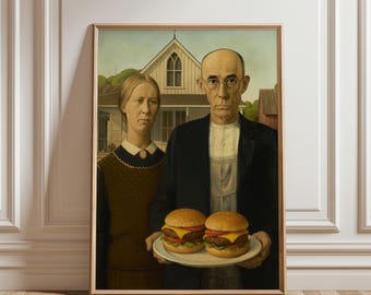 American Gothic Burger Wall Art Print, Classic Farm Couple Painting with Food Twist, Vintage Kitchen Restaurant Decor, Funny Poster