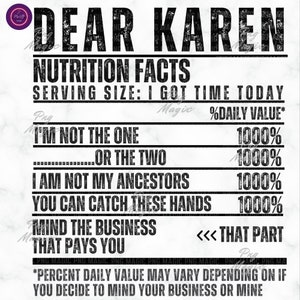 Karen Joke Nutrition Facts SVG PNG Funny Karen Meme Shirt Satirical Label Humorous Novelty Karen Facts Humor Sublimation Digital Download