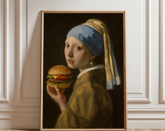 Pearl Earring Girl Holding a Burger Art Print, Classic Painting Food Twist, Vintage Kitchen & Cafe Wall Art, Burger Lover Gift, Poster