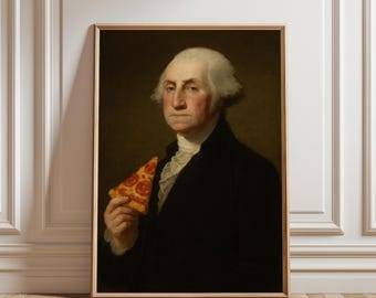 George Washington Pizza Parody Poster, Classic Art Food Wall Art Print, Funny Vintage Painting for Kitchen, Café & Restaurant Decor