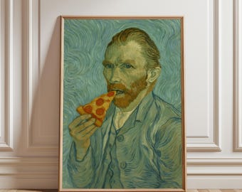 Van Gogh Eating Pizza Parody Poster, Famous Artist Food Art Print, Funny Classic Painting Wall Art for Kitchen Café Decor, Pizza Lover Gift