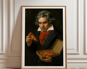 Beethoven Eating Pizza Poster, Funny Classical Composer Parody Wall Art, Vintage Oil Painting Style Print for Kitchen & Music Lovers
