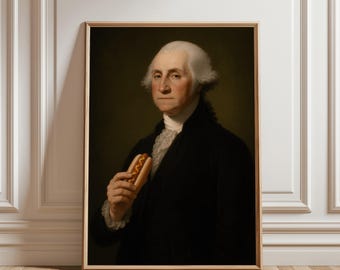 George Washington Hot Dog Wall Art Print, Funny 4th of July Poster, Patriotic Vintage Painting, American Humor, Independence Day Decor
