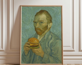 Van Gogh Eating Burger Art Print, Classic Painting Food Parody, Funny Vintage Kitchen & Cafe Wall Art, Burger Lover Gift