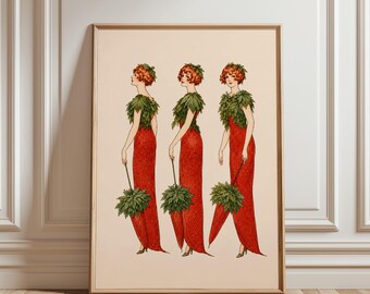 Vintage Strawberry Wall Art Print, Botanical Woman Poster, Whimsical Cottagecore Kitchen Decor, Art Nouveau Illustration