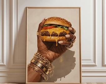 Black Woman Holding Burger Wall Art, Luxury Kitchen Decor, Glam Food Poster, Modern Neutral Home Decor, Gold Jewelry Hand Print