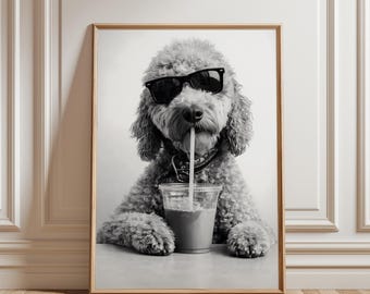 Vintage Cool Dog Wall Art, Sunglasses Puppy Drinking Iced Coffee, Funny Retro Dog Poster, Pet Print, Minimalist Dog Art, Museum Grade Paper