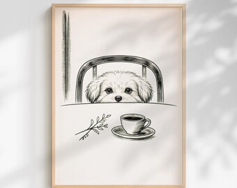 Minimalist Dog Wall Art Print, Cute Puppy Coffee Poster, Black and White Line Art, Kitchen Coffee Bar Decor, Neutral Aesthetic Pet Art
