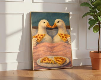 Romantic Duck Pizza Night Wall Art Print, Vintage Oil Painting Style, Funny Couple Bedroom Decor, Cute Animal Art Poster Gift