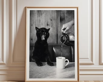 Black Cat Coffee Wall Art Print, Vintage Diner Photography, Funny Yawning Cat, Black and White Retro Kitchen Decor, Cat Lover Gift