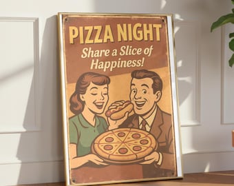 Vintage Pizza Night Wall Art, Retro Kitchen Poster, Italian Restaurant Decor, Funny Food Illustration Print, Pizzeria Wall Decor