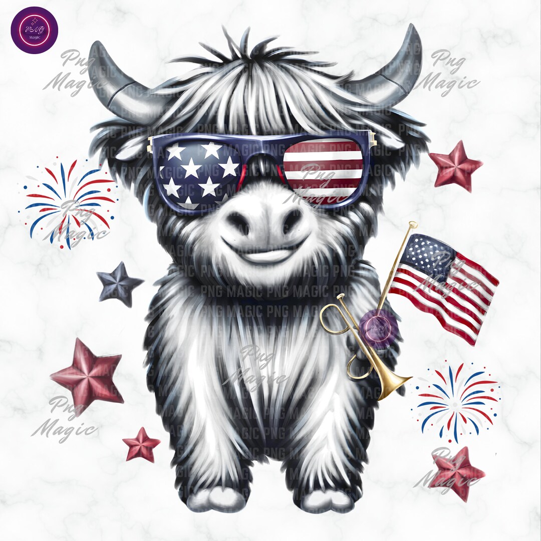 Cute Highland Cow 4th of July PNG Patriotic Cow American Flag ...