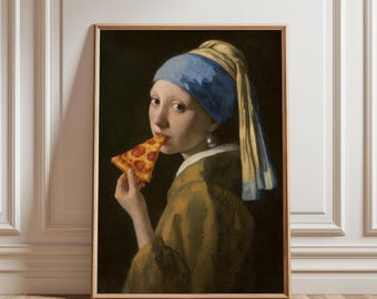 Girl with a Pearl Earring Pizza Parody Poster, Classic Art Food Wall Art Print, Funny Vintage Painting for Kitchen, Café & Restaurant Decor