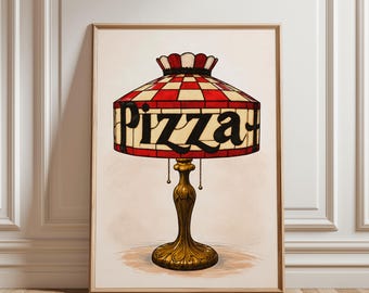 May include: A framed print of a lamp with a red and white checkered shade. The word "Pizza" is displayed in black letters on the shade. The lamp has a gold-colored base and a decorative design. The print is displayed on a white wall.