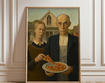 May include: Framed print of a parody of the American Gothic painting. The couple holds a pizza with pepperoni and other toppings. The background features a white house and a red barn. The artwork is displayed in a wooden frame.