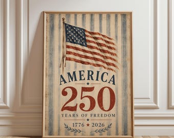 America 250 Poster, Vintage American Flag Wall Art, 1776-2026 Anniversary Print, 250 Years of Freedom, 4th of July Home Decor