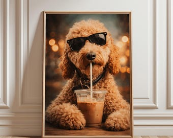 Funny Poodle Wall Art, Iced Coffee Poster, Stylish Sunglasses Dog Print, Cafe Decor, Retro Vintage Style, Cafe Decor