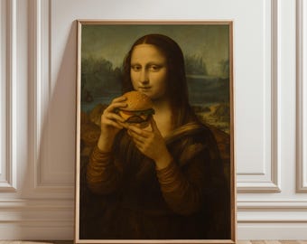 Mona Lisa Eating Burger Poster, Classic Art Food Parody Wall Art, Funny Renaissance Painting Print for Kitchen Café Restaurant Decor
