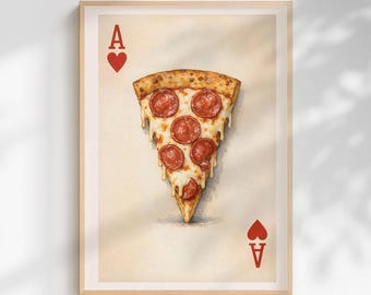 May include: A framed art print featuring a slice of pepperoni pizza as the Ace of Hearts playing card. The pizza has melted cheese and red pepperoni. The card's suit symbols and the letter "A" are in red.