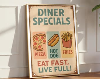 Vintage Diner Specials Wall Art,  Retro Fast Food Poster, Pizza Hot Dog Fries Print, Mid Century Kitchen Decor, Restaurant Wall Art