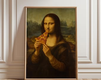 May include: Framed art print featuring a parody of the Mona Lisa, depicted eating a slice of pepperoni pizza. The artwork is set against a landscape background, framed in a light brown wooden frame, and displayed against a white wall.