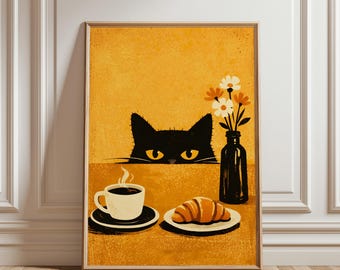 Black Cat Kitchen Wall Art Print, Funny Sneaky Cat Coffee Croissant Poster, Mid Century Modern Cat Art, Scandinavian Kitchen Decor