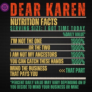 Karen Joke Nutrition Facts SVG PNG Funny Karen Meme Shirt Satirical Label Humorous Novelty Karen Facts Humor Sublimation Digital Download