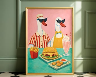 Retro Diner Duck Wall Art Print, Funny Kitchen Wall Decor, Cheeseburger & Milkshake Art, Pink Modern Folk Art Poster, Restaurant Art Gift