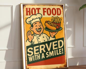Vintage Fast Food Poster, Retro 1950s Chef Kitchen Wall Art, Diner Restaurant Decor, Hot Dog and Fries Wall Print, Cafe Bar Wall Decor